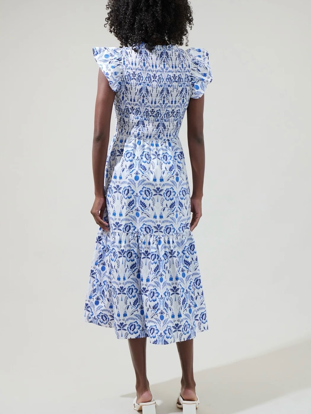 Sugar Lips Marisol Floral Giza Glare Smock Tiered Midi Dress Blue White NWT S - Picture 3 of 10